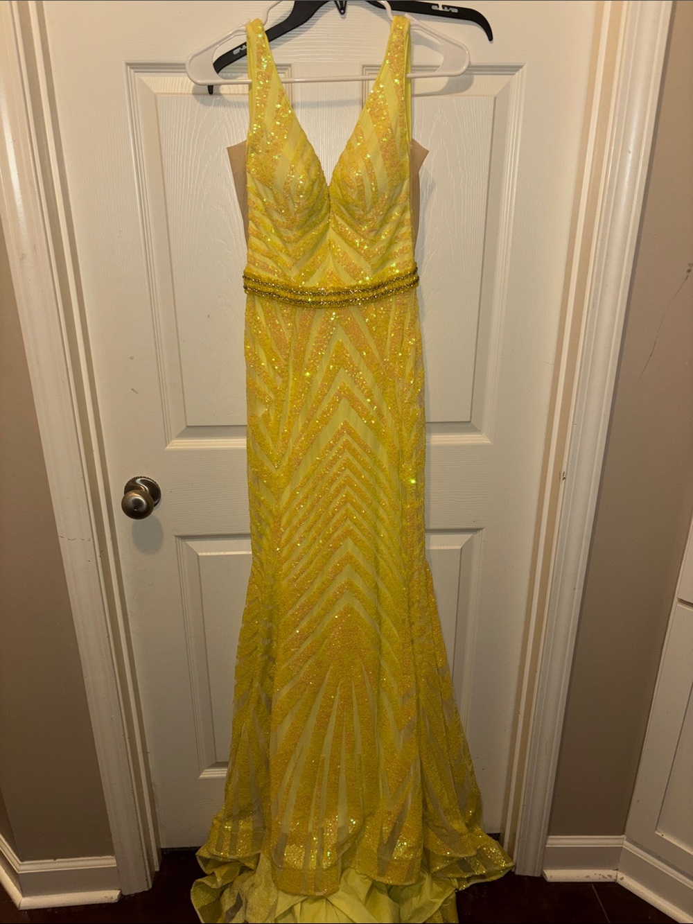 Jovani Yellow Beaded V-Neck Prom Gown